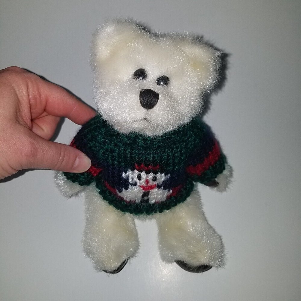 VTG Hugfun Ivory Teddy Bear Plush Jointed 7.5" Stuffed 1998 Knit Snowman Sweater